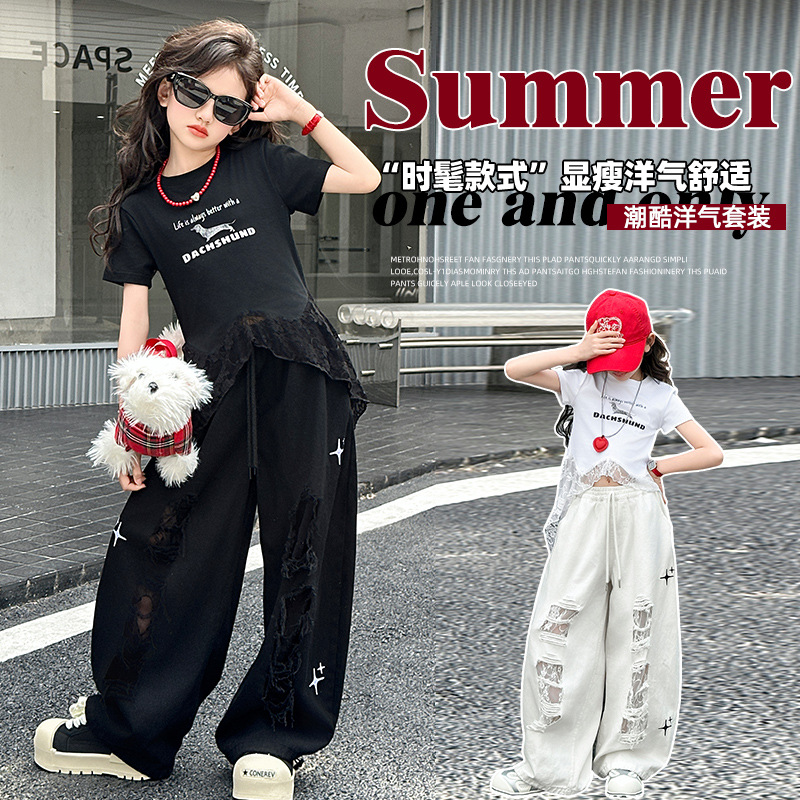 Girls' Summer Hole Sports suit Western Style 2025 New Casual Girls' Top Wide Leg Pants Two-Piece Trendy