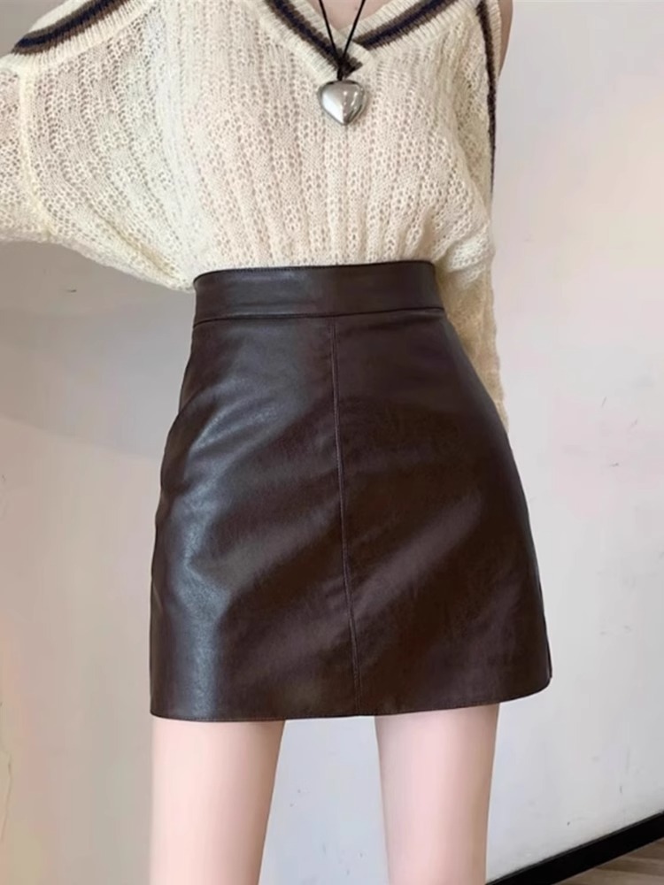 High Waist Slimming Skirt Women's Fashion PU Leather Korean-style Hip Skirt Black Autumn and Winter Fashion Leather Skirt A- shaped Anti-light