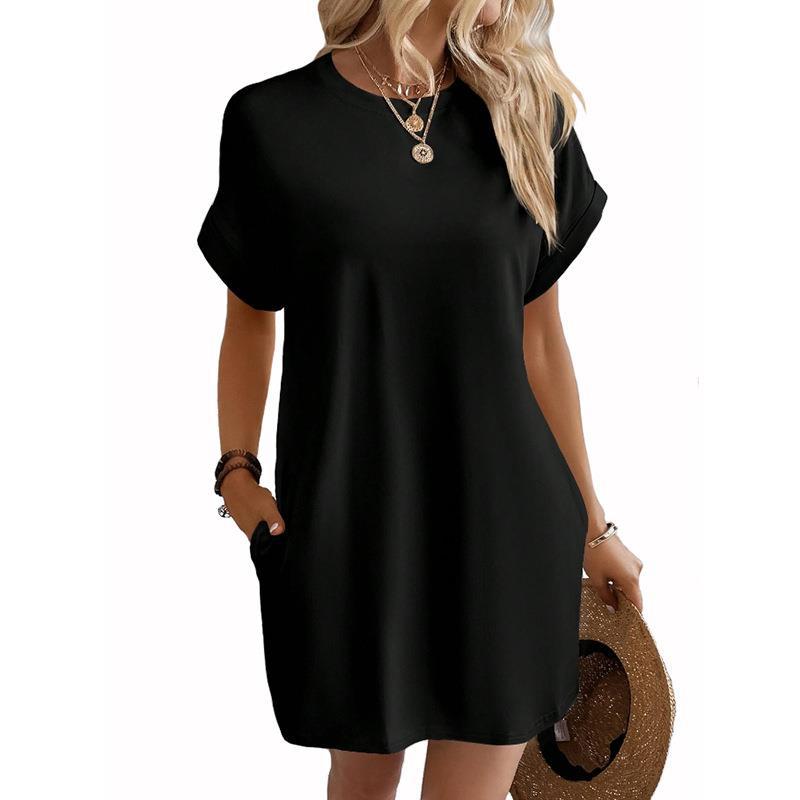 Foreign trade Europe and America Amazon solid color round neck loose short sleeve pocket dress women's XX0342
