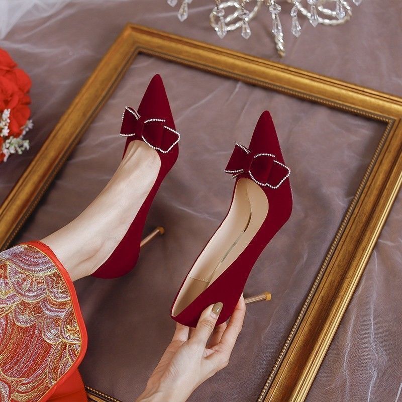 Chinese Wedding Shoes Women's 2024 Spring New wine red Xiuhe High Heels Not Tired Feet Wedding Dress Two-Wear Bridal Shoes