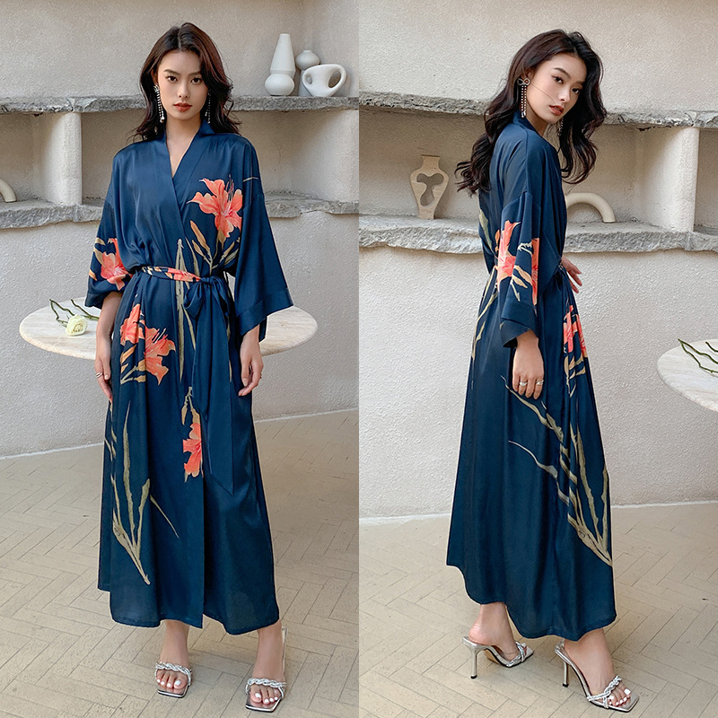 Picture of Yaoting Satin Printed Pajamas for Women Summer Large Size Accessible Luxury Three-Quarter Sleeves Cool Long Nightgown Home Wear Women Wp2669