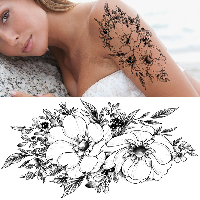 Picture of Cross-Border Supply of Sketch Flower Tattoo Stickers, Sketch Tattoo Stickers, Rose Flower Black and White Flower Tattoo