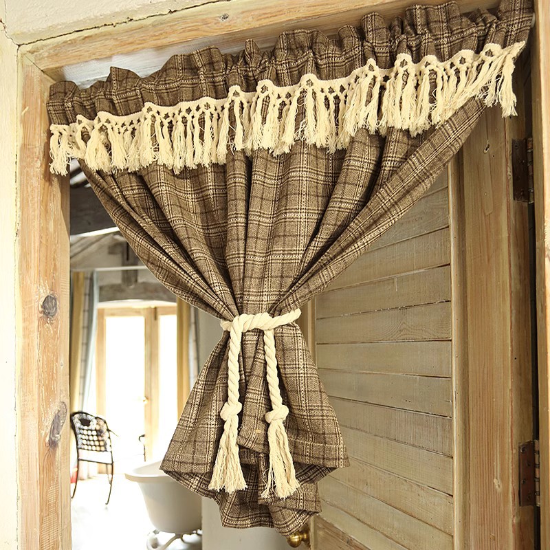 American country Plaid thick line door curtain punch-free curtain thickened shading bedroom living room kitchen dining room