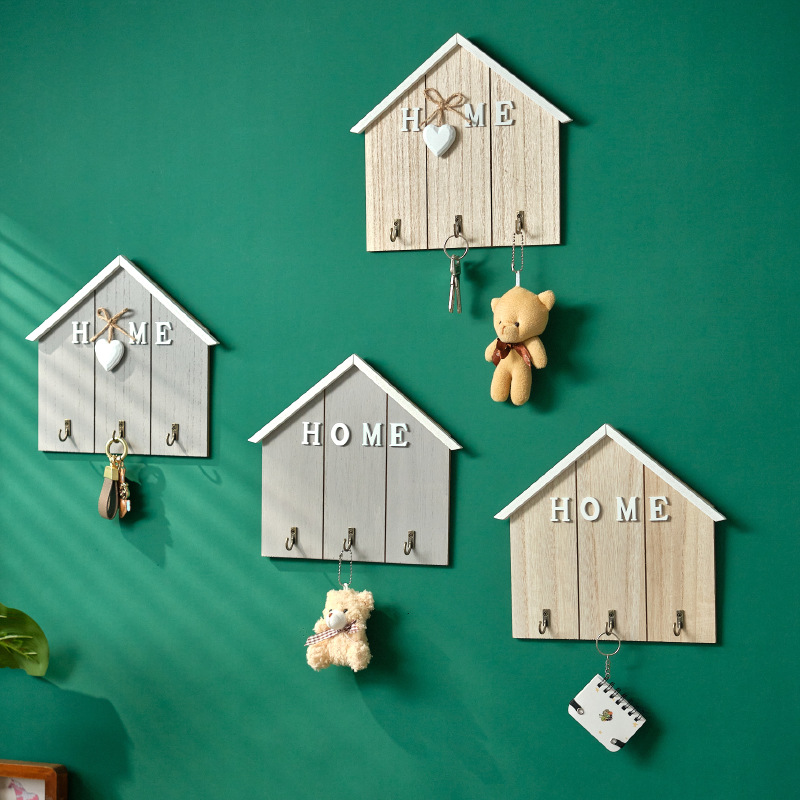 Picture of Creative Home Decoration Key Storage Rack Door Hook Punch-Free Wall Wooden Coat and Hat Key Hook