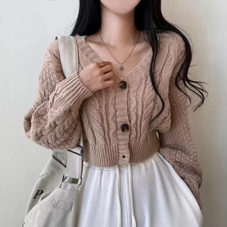 South Korea Chic Autumn Slimming Three-button V-neck Knitted Cardigan Retro Hemp Pattern Long-sleeved Short Sweater Jacket