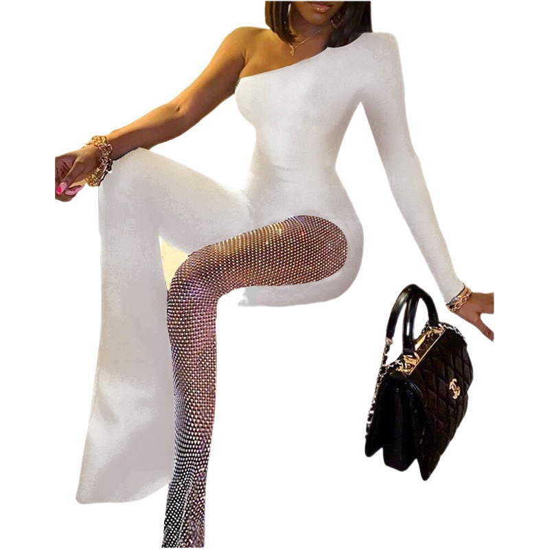 YG8092 European and American women's clothing 2022 fashion stitching sexy one-shoulder Diamond net waist slim Micro horn jumpsuit