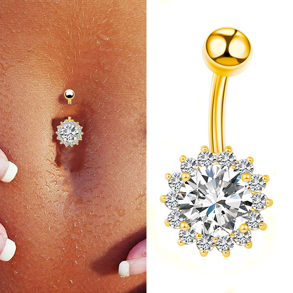 Picture of European and American Export Stainless Steel Inlaid with Round Zircon Sunflower Shape Navel Ring Body Piercing Navel Nail Jewelry