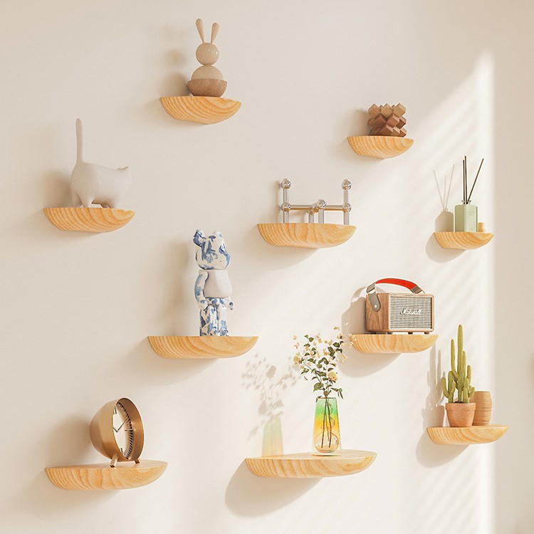 Picture of No Punching Semicircular Solid Wood Partition Wall Shelf Decoration Scandinavian Wall-Mounted Living Room Tv Wall Popular Home