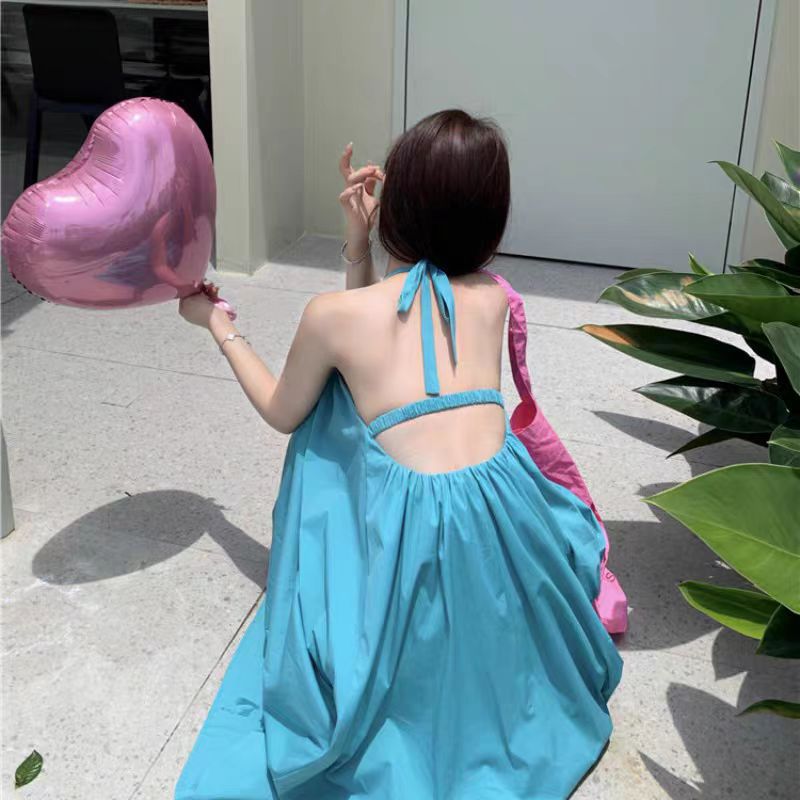 Summer Sanya Seaside holiday dress Thailand Bana travel backless halter age-reducing photography beach dress lace-up