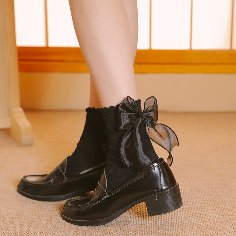 Picture of White Socks for Women Lolita Cute Soft Girl Silks and Satins Lace Mid-Calf Long Socks Lolita Uniform Jk Bow