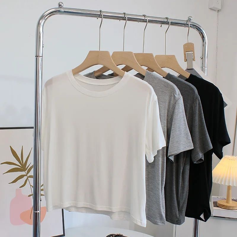 Picture of Super Hand-feel Short Modal T-shirt Women's Niche Summer 2024 Slim-fit Slimming Round Neck Short-sleeve Solid Color Base Shirt