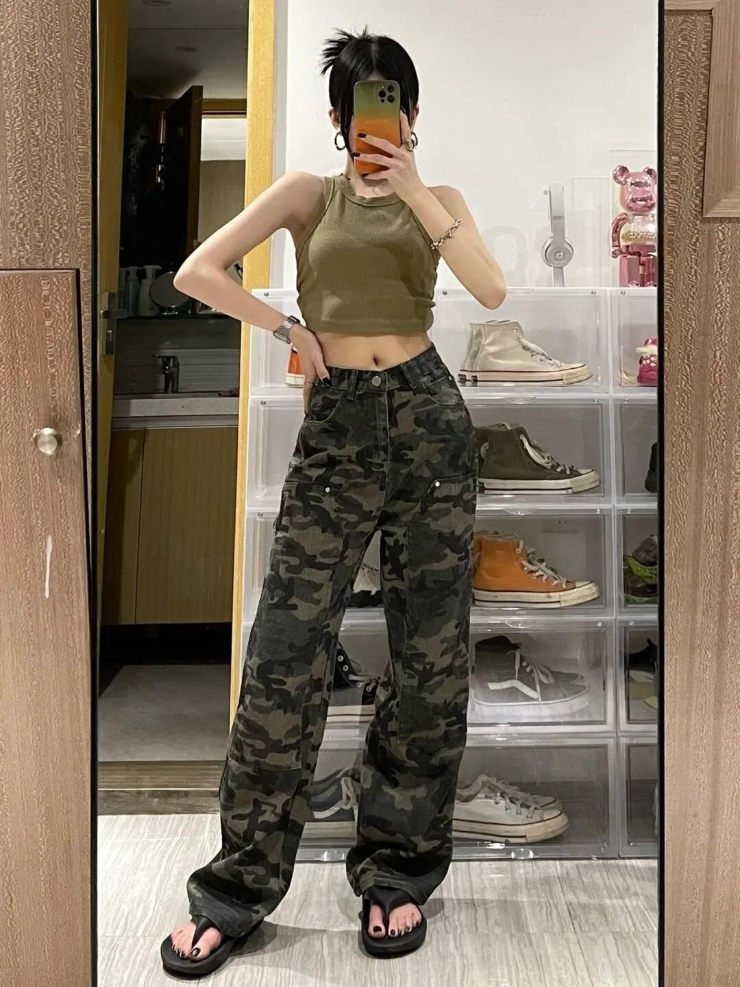 Picture of Army Green Camouflage Jeans for Women 2025 Spring and Autum Ins High Street New Loose K-Style Slimming Look Straight Wide Legs