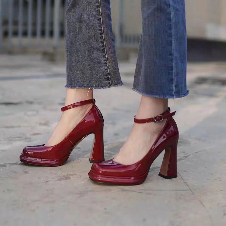 Thick-soled high-heeled shoes block heel women's shoes with buckle high heel Mary Jane shoes square toe small leather shoes