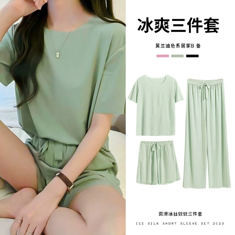 Ice Silk Pajamas Women's Summer Short-sleeved Pants Three-piece Suit Thin Outer Wear Slimming Loose Large Size Women's Home Clothes