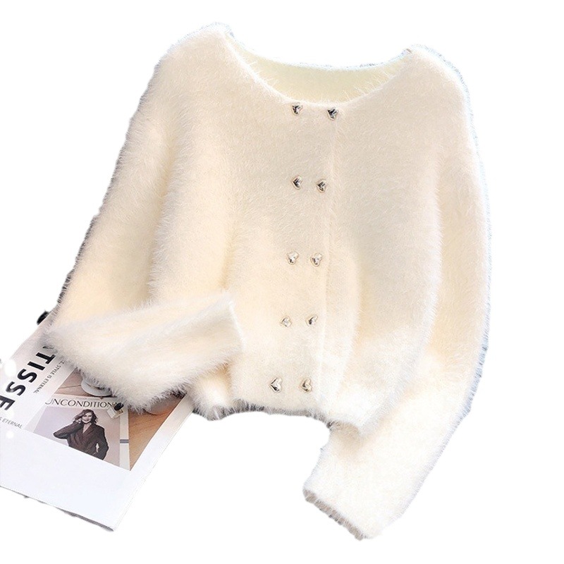 Imitation mink velvet cardigan sweater women's autumn and winter clothing thickened round neck knitted new soft waxy student foreign style coat