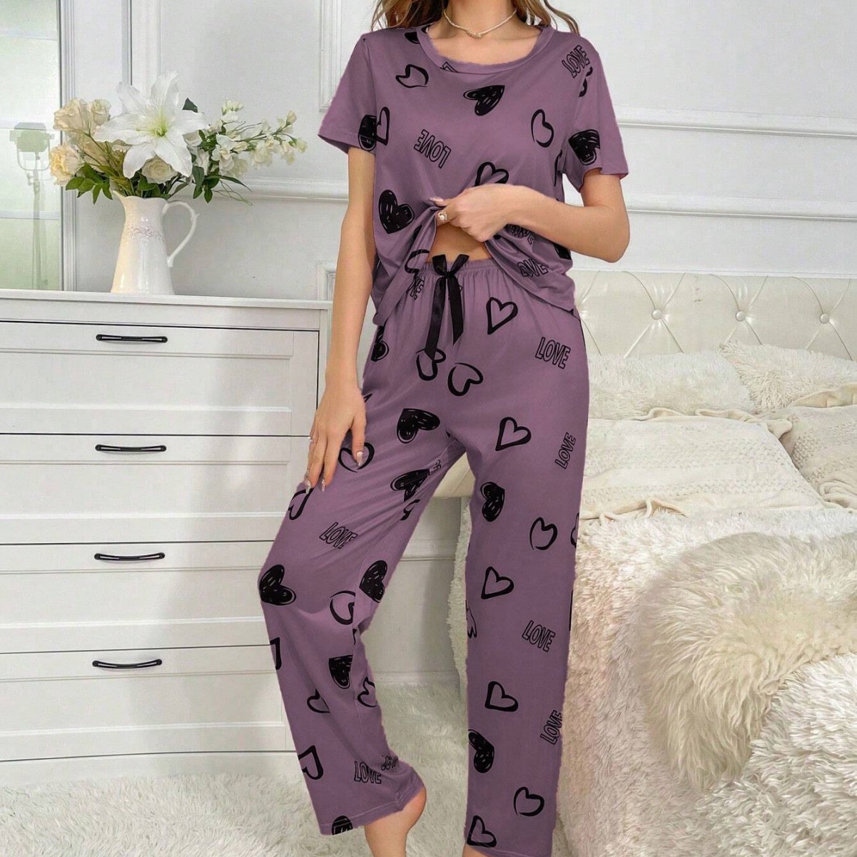 2024 AliExpress New Women's Love Printed Short-sleeved Top Trousers Home Clothes pajamas Simple Casual