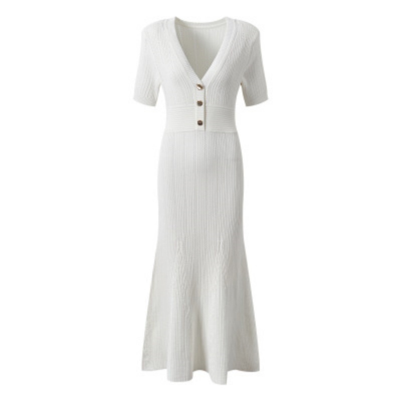 Picture of European and American Cross-Border Women's Clothing V-Neck Short-Sleeved Bodycon Knit Dress with a Stylish Metal Buckle Waist-Cinching Slimming Long Dress