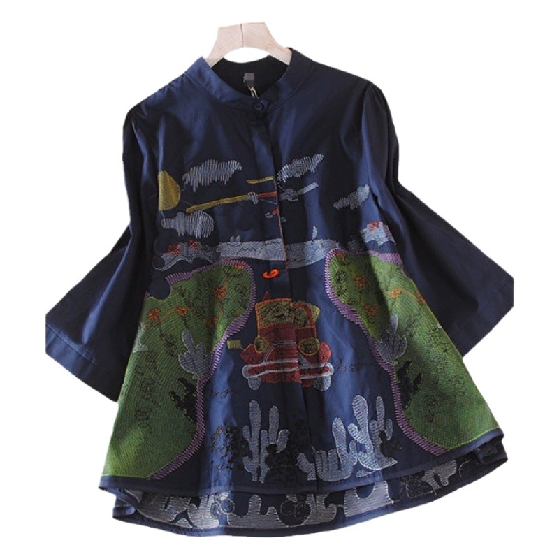European and American Heavy Industry Embroider Plus Size Women's Clothing Retro Versatile Loose Casual Stand-Up Collar Shirt Cotton and Linen Slimming Look Top for Women