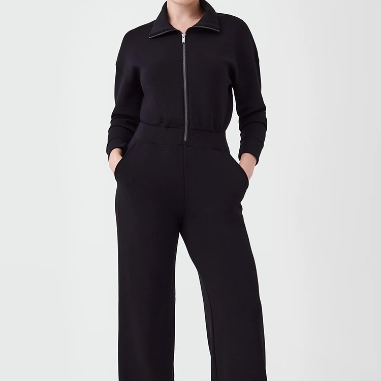 Europe and the United States cross-border 2024 independent station new long sleeve wide leg jumpsuit jumpsuit zipper lapel sweater suit women