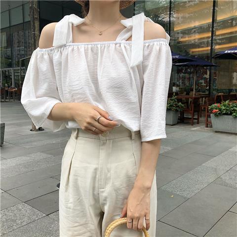 Picture of Spring and Summer 2022 New Korean Striped Shirt Female Student Lace-up Short Sleeve Shirt Loose Shoulder Top Trendy