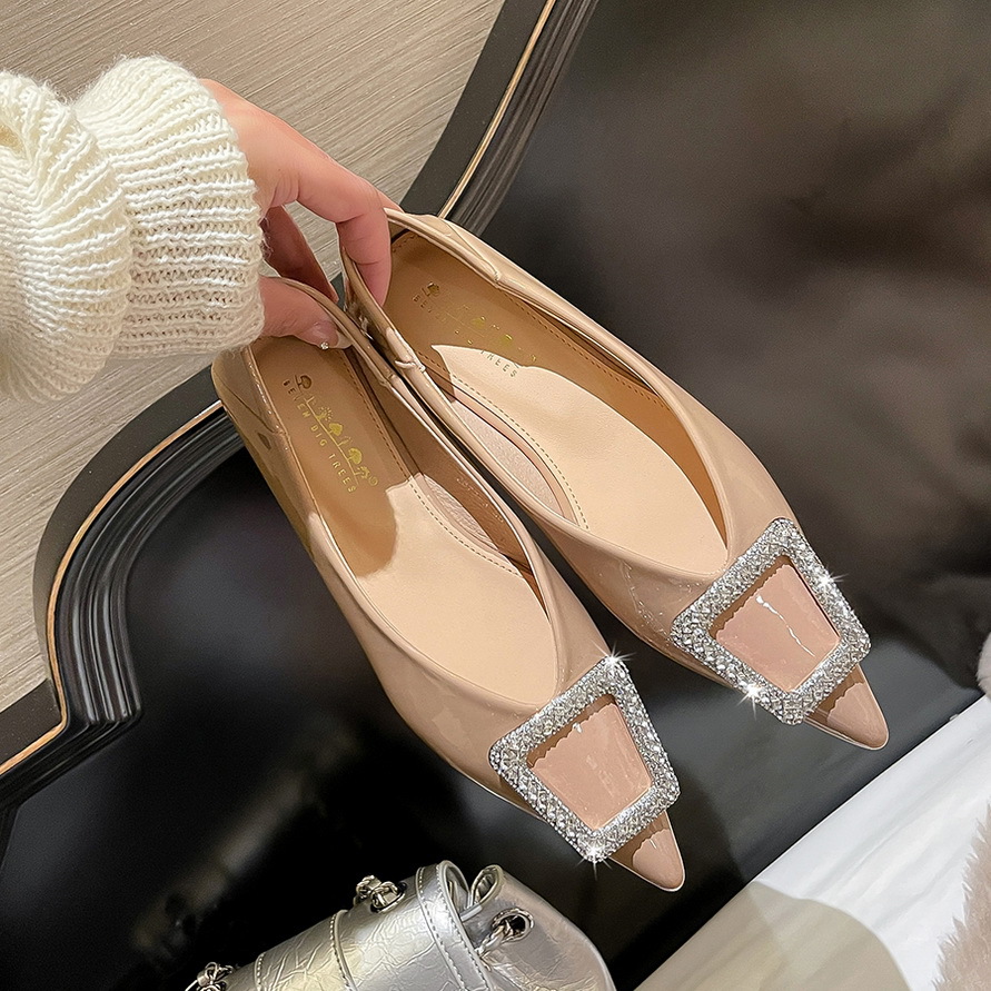 2873-K28 European and American style flat heel women's shoes glossy patent leather shallow mouth pointed metal rhinestone buckle single-layer shoes women's flat shoes