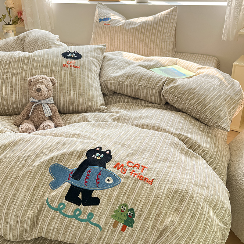 Picture of Ins wind washed cotton and linen bed four-piece set 2024 new no cotton cotton bedding three-piece set bed sheet quilt cover 4