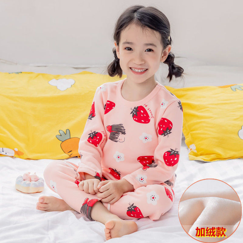 Picture of Fleece-lined children's thermal underwear boys' thickened autumn clothes long pants suit girls' pajamas children's autumn and winter