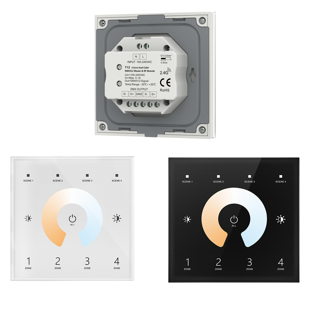 Touch ⾯ Board Dmx Master + Rf Remote Control (Optional) 4 Zones 8 Channels Black and White Optional Dual Color Temperature T12
