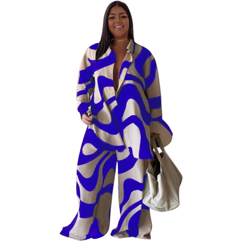 N7953 European and American Cross-border New plus size Fashion suit Printed Loose Long Sleeve Shirt Straight Pants for Women