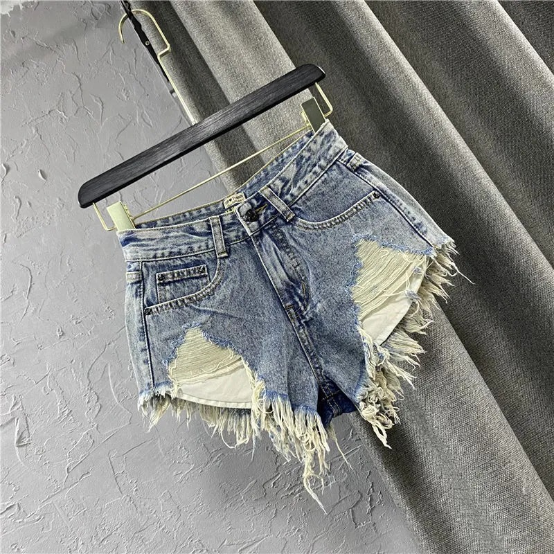 European and American Women's Slim-fit Ripped Pocket Fringe Ruffled Retro Denim Shorts Sexy Low Waist A- line Hot Pants