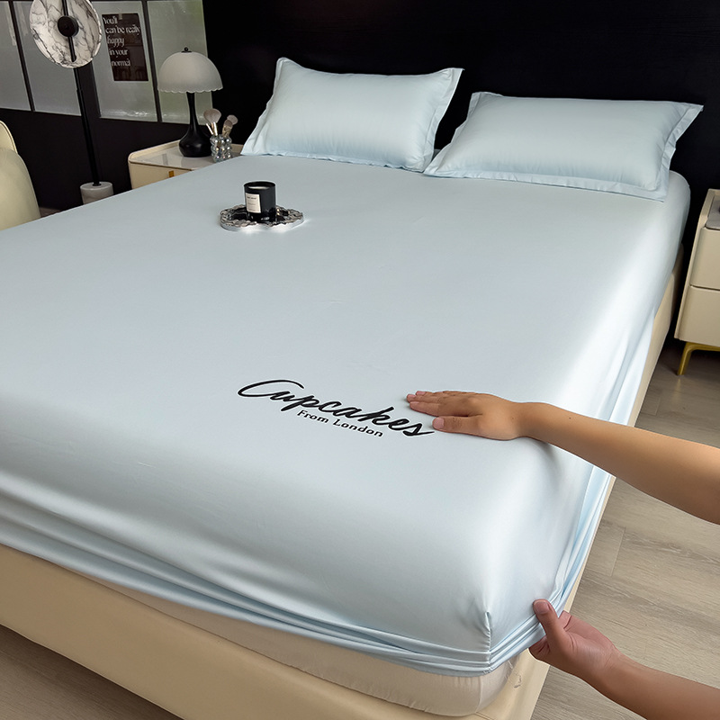 Picture of Summer New Ice Silk Fitted Sheet Three-Piece Set with Letter Embroidery Mattress Protector Single Dormitory Bed Sheet Bed Cover