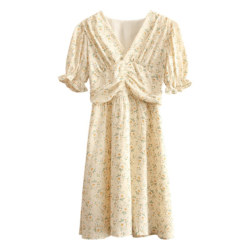 2023 Summer new skirt gentle sweet bell sleeve pleated slimming floral chiffon printed dress women