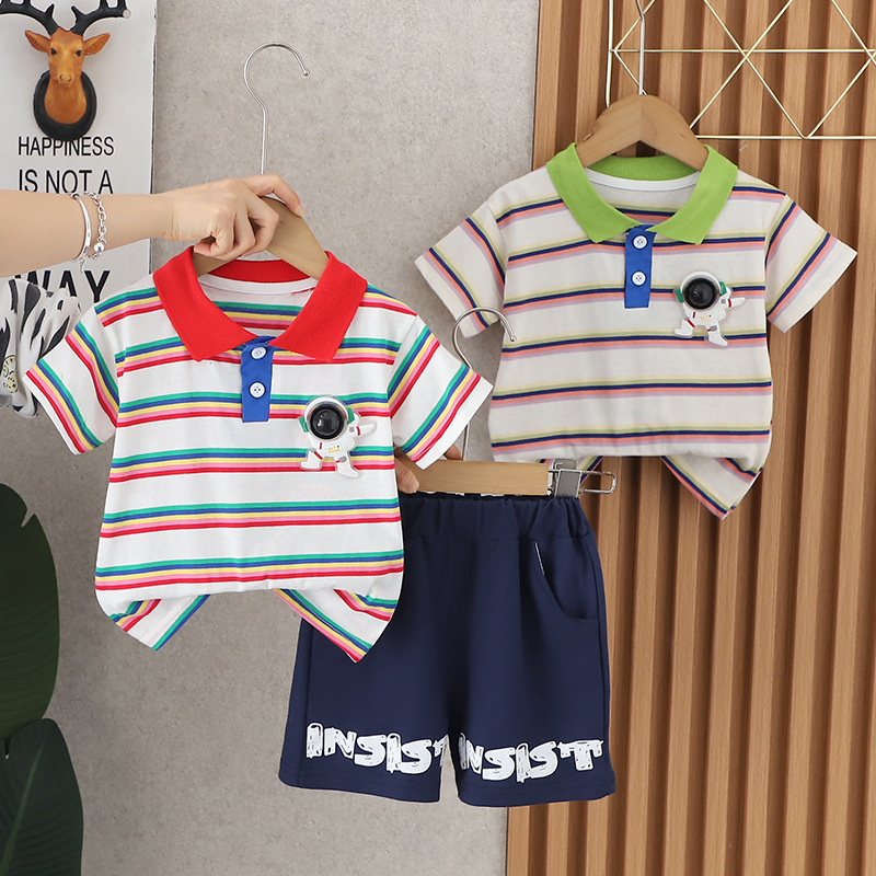 Summer Boys Short-sleeved suit New Baby Fashion Stylish Children's Suit Striped Lasel Short-sleeved suit Trendy Cool