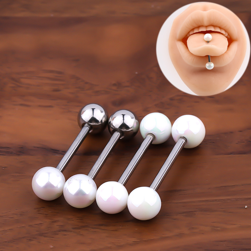 Pearl tongue nail stainless steel ear nail ear bridge milk DingTalk tongue nail titanium steel tongue nail hot girl body piercing jewelry lip nail