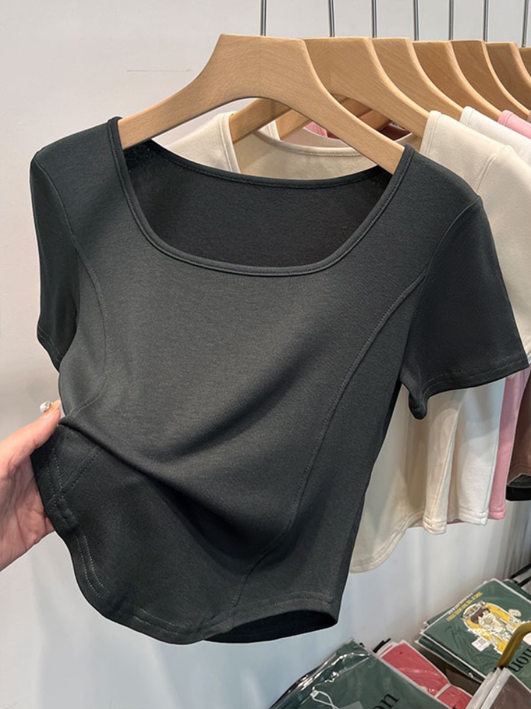 Picture of Square Collar Shoulder White Short-sleeved T-shirt Women's Summer Curved Hem Large Neck Slim-fit Slimming Short Fishbone Top