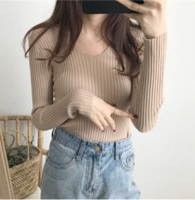 Picture of 2024 Korean Style V Neck Core-Spun Yarn Slimming Look Knitted Long-Sleeved Slim Tight Warm Bottoming Shirt Top Sweater for Women
