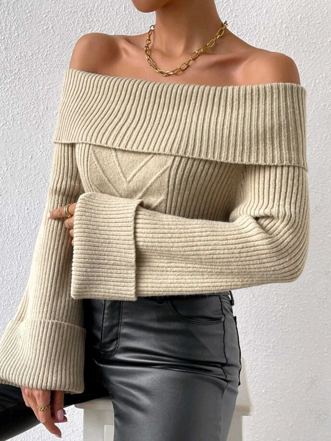 Foreign Trade Cross-border Europe and America Amazon TEMU Source Factory Sweater Women's Long-sleeved Shoulder Knit Sweater Autumn and Winter