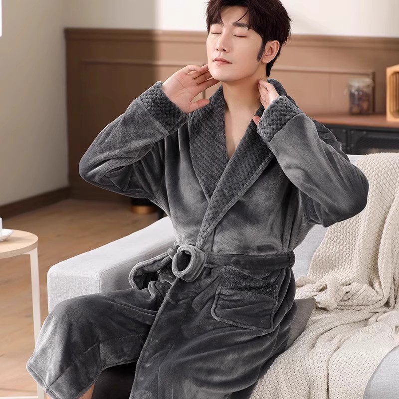 Nightgown Men's Coral Fleece Pajamas fleece-lined Thickened Bathrobe Flannel Loose Home Clothes Extra Long Warm Morning Gown