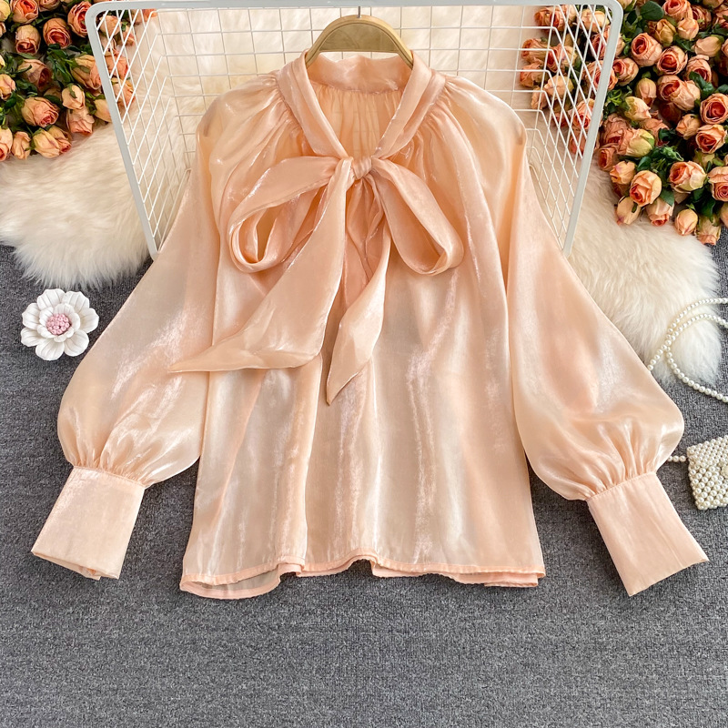 Picture of Cross-border 2023 New Super Fairy Loose Belly Covering Bow Lace-up French Large Size Shirt Long-sleeved Elegant Top for Women