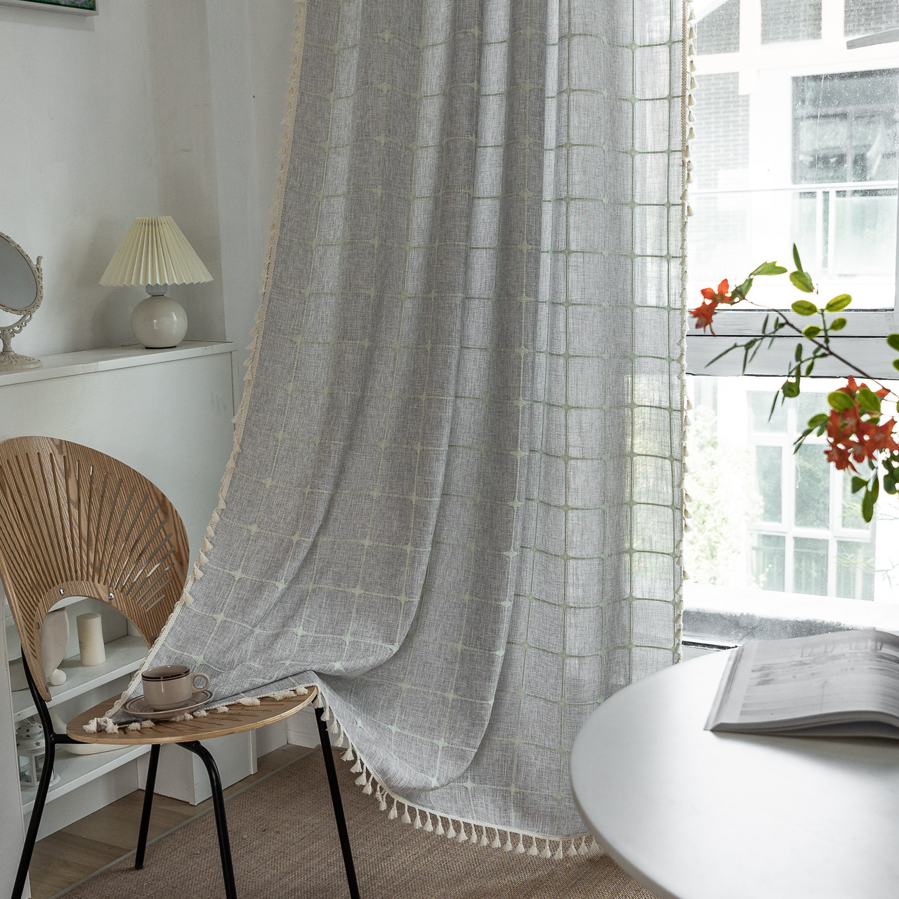 Picture of Sien cross-border popular curtain finished product punch-free Rod set American living room bedroom tassel balcony Plaid curtain