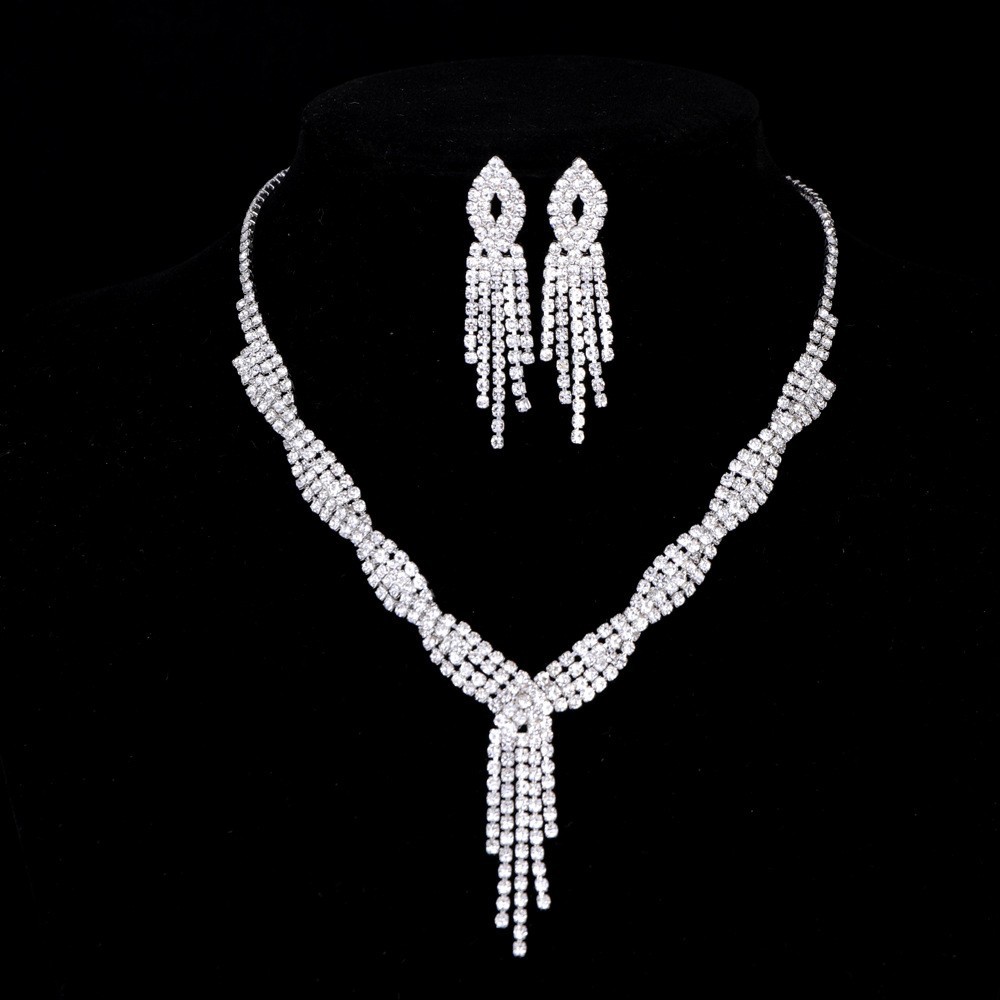 Picture of Fashion Bride Necklace Jewelry suit Rhinestone Tassel Necklace Earrings 2 Piece Set Women Wedding Banquet Accessories