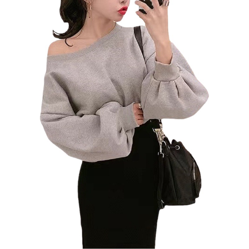 Spring Bat Sleeve Oblique Collar Long Sleeve T-Shirt Women's Solid Color Casual Top Design Sense Rear Split Base Shirt Women
