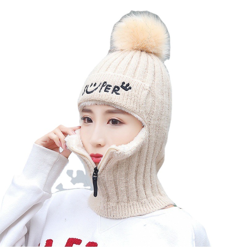 Winter Korean Style Zipper Wool Hat Women's Outdoor Riding Cold-proof Warm Knitted Hat Cute Fur Ball Neck Protection Cotton Hat