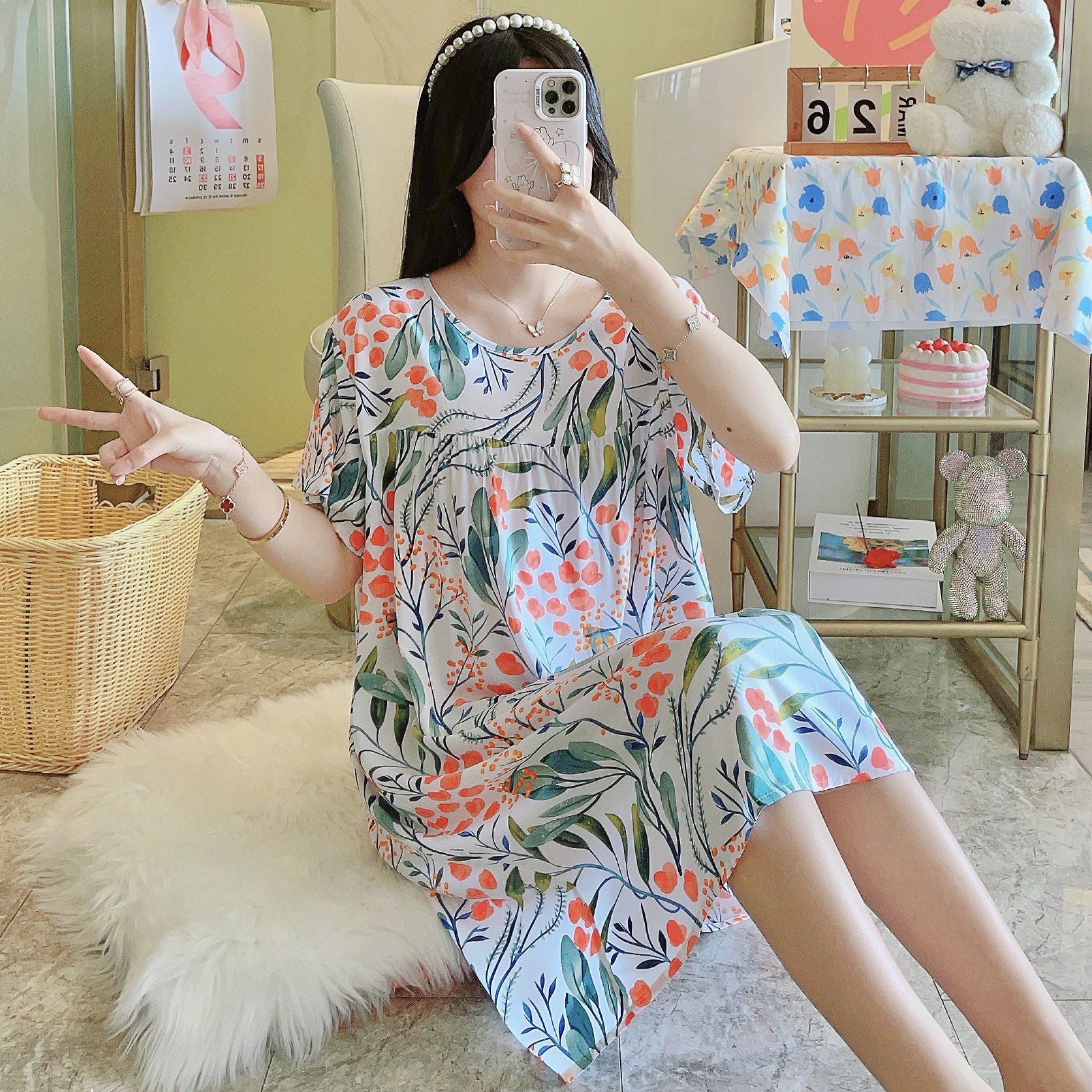 Picture of Cotton Silk Nightgown Women's Spring and Autumn Summer Thin Pajamas Korean Sweet Girls Online Celebrant Live Explosions Home Outwear Skirt