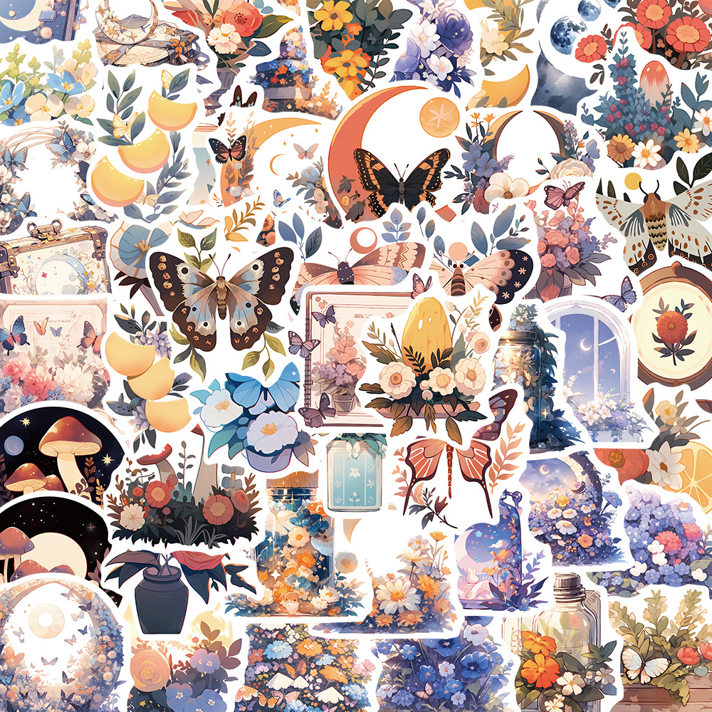 50 retro stickers mysterious flower and moon material decorative hand book guitar water Cup series waterproof stickers