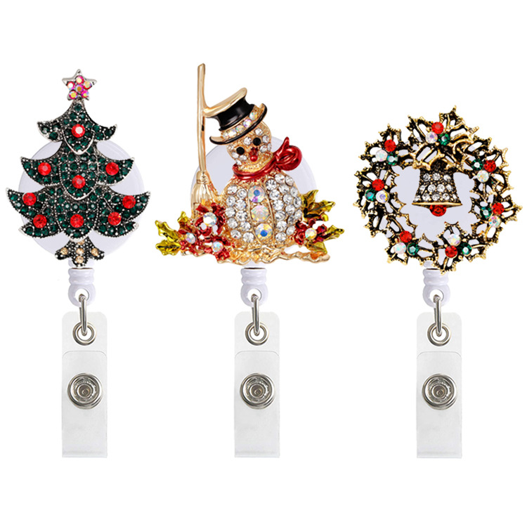Metal Diamond Christmas Tree Snowman Bell Telescopic Easy Pull Buckle Easy Pull ID Buckle Scroll Badge Clip