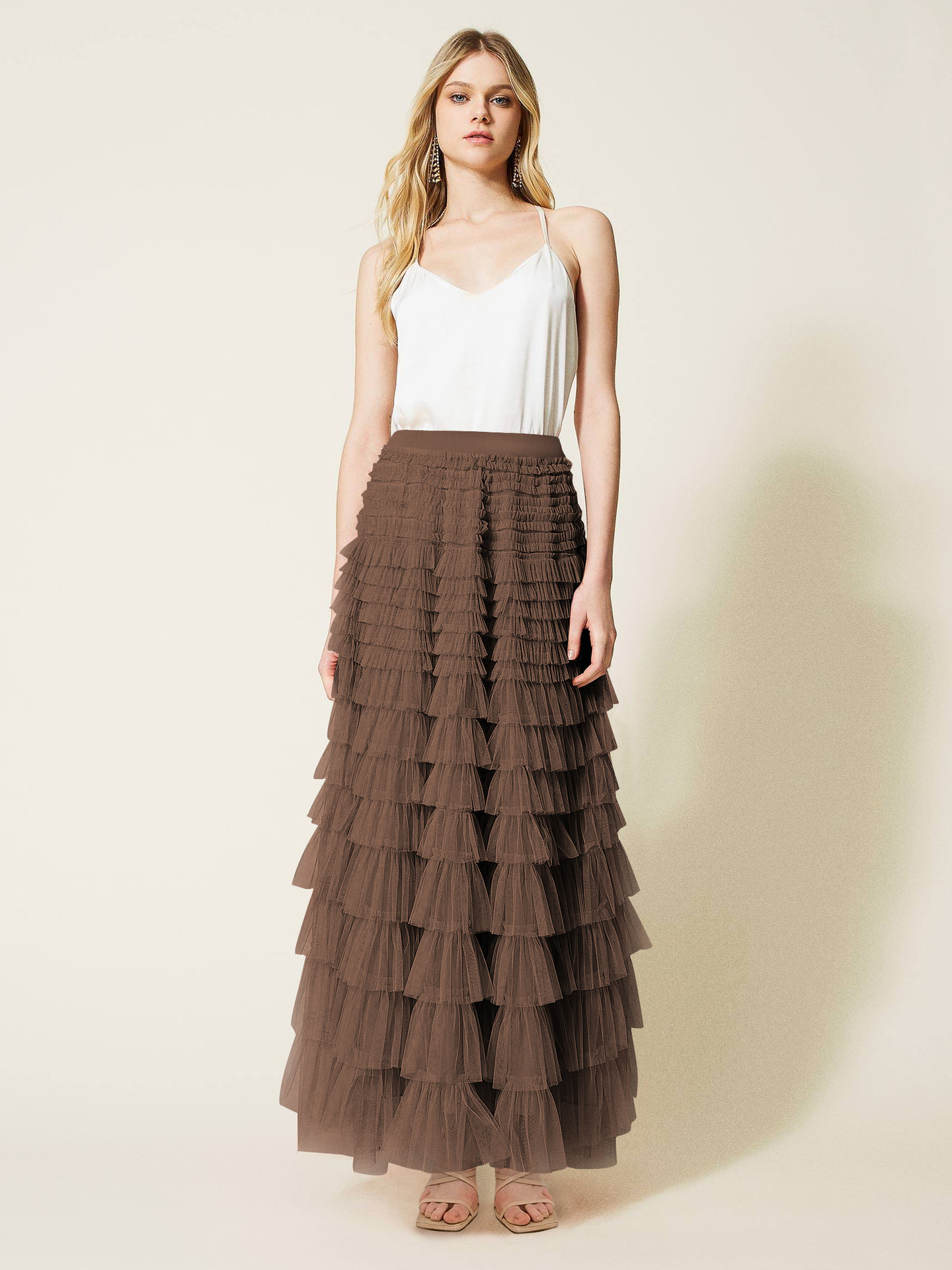 Cross-border New French Style Dress Women's Autumn European and American Elegant Elegant Solid Color High Waist Mesh Cake Skirt