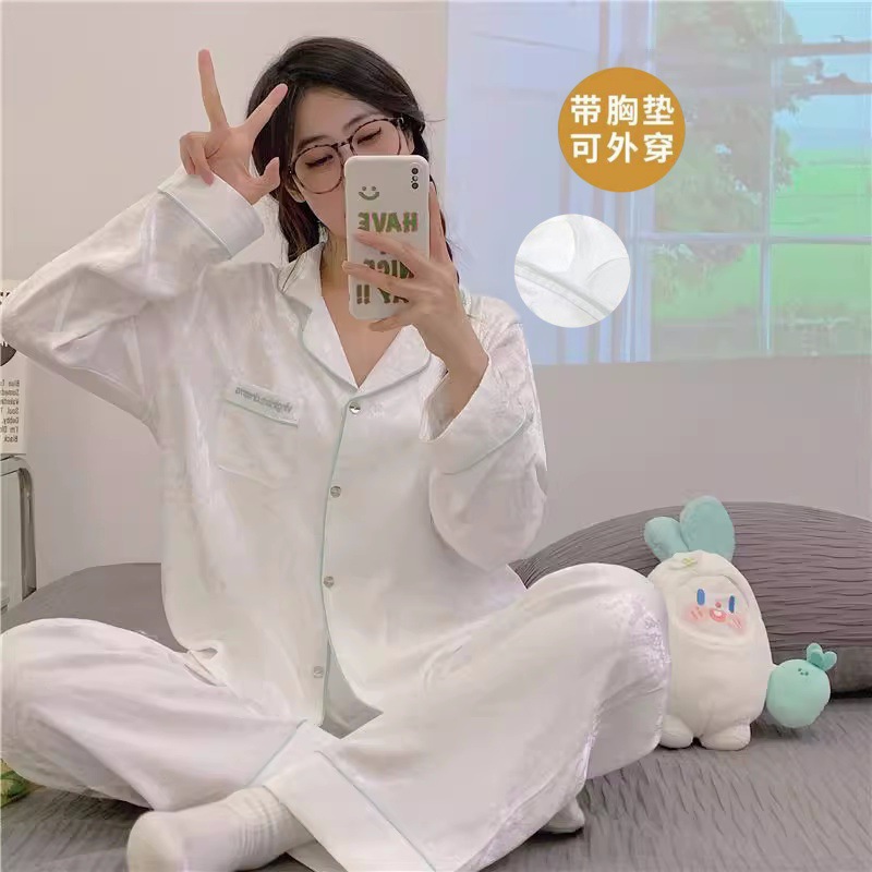 2024 New Chest Pad One-piece Pajamas Women's Spring and Autumn Thin Long Sleeve Trousers Outer Wear Home Wear Cotton suit