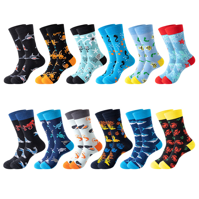 Foreign Trade Socks Men's European and American Trend Marine Animal Socks Women's High Cotton Socks Cross-border Amazon Stockings