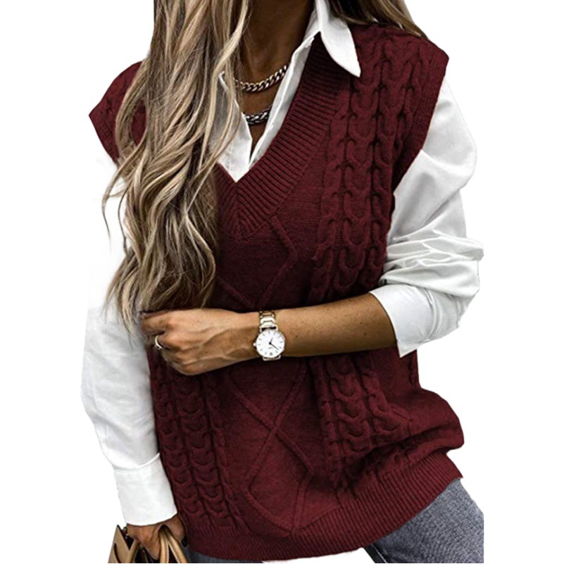 Foreign Trade Cross-border Europe and America Amazon Source Manufacturers Sweater Vest Women's Vest Clip V-neck Sleeveless Twist Sweater